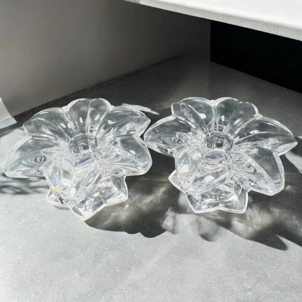 MIKASA Clear Crystal Glass Candle Stick Holder Set 2 Flower Shaped Candle Holder